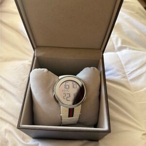 Silver Gucci Digital Watch with Green and Red Stripe